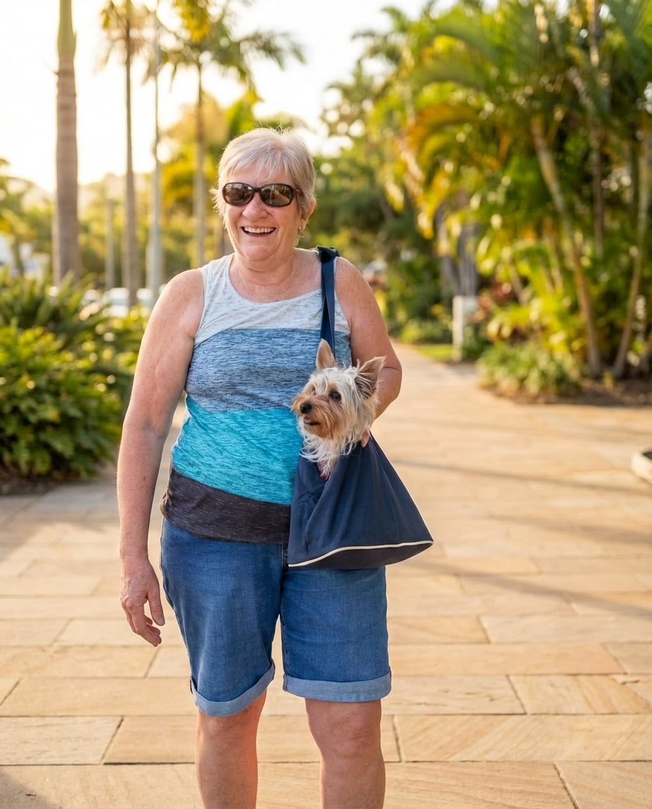 Happy woman holding The Hollydaz navy dog shoulder bag with a Yorkie inside, tropical garden at golden hour