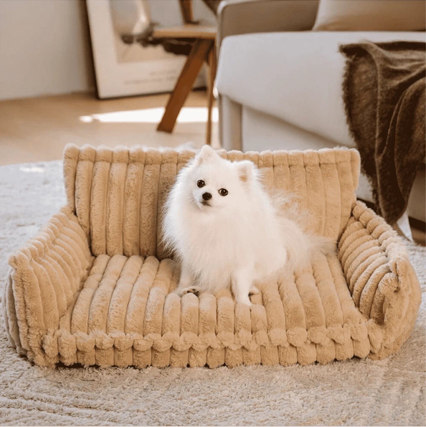 Factory Wholesale Luxury Trendy Striped Faux Lambswool Double Layer Orthopedic Dog Sofa Bed Soft Rectangle Plush Material-1