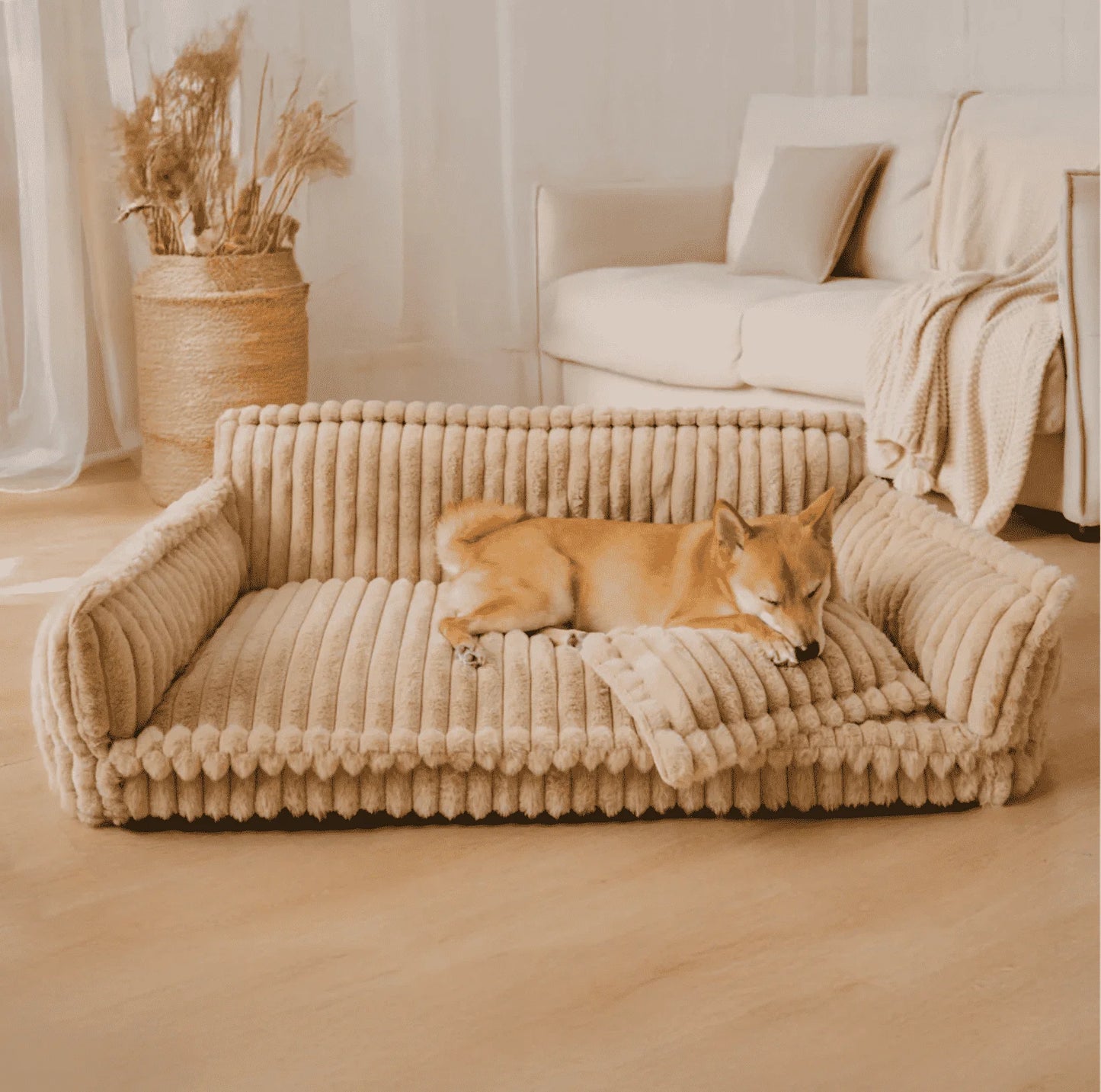 Factory Wholesale Luxury Trendy Striped Faux Lambswool Double Layer Orthopedic Dog Sofa Bed Soft Rectangle Plush Material-0