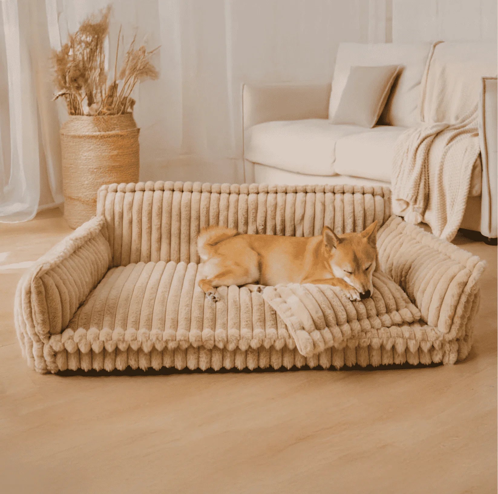 Factory Wholesale Luxury Trendy Striped Faux Lambswool Double Layer Orthopedic Dog Sofa Bed Soft Rectangle Plush Material-0