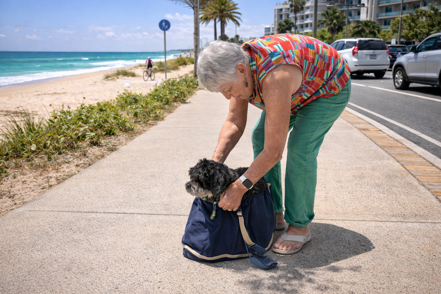 Woman placing a fluffy black dog into The Hollydaz foldable dog bag on a coastal path near the beach