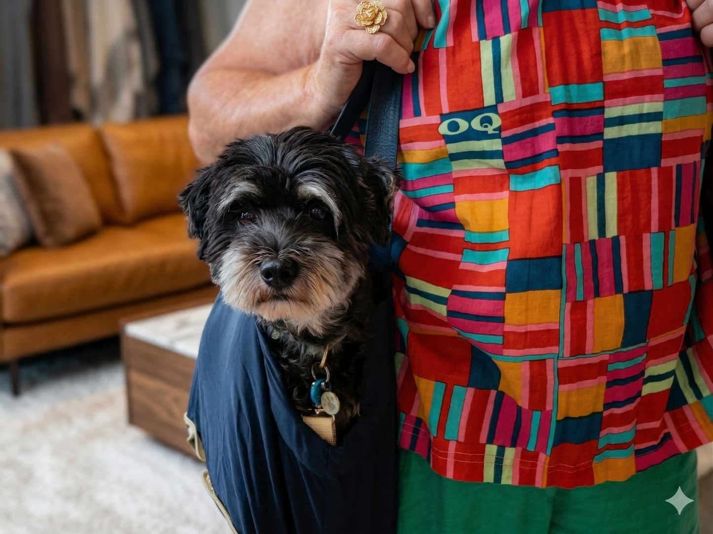 Woman and her dog Lochie using The Hollydaz navy foldable dog carrier, outdoor lifestyle photo